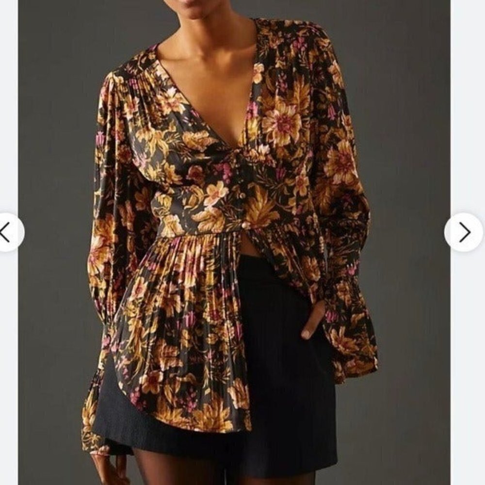 ANTHROPOLOGIE Deep V-Neck Floral Button Front Floral Tunic Blouse Size M NEW